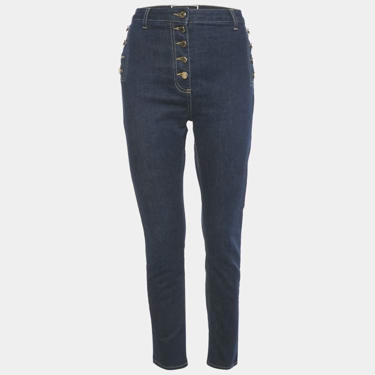 Pre Owned Elisabetta Franchi Dark Blue Button Detail Denim Skinny Jeans M Waist 29"