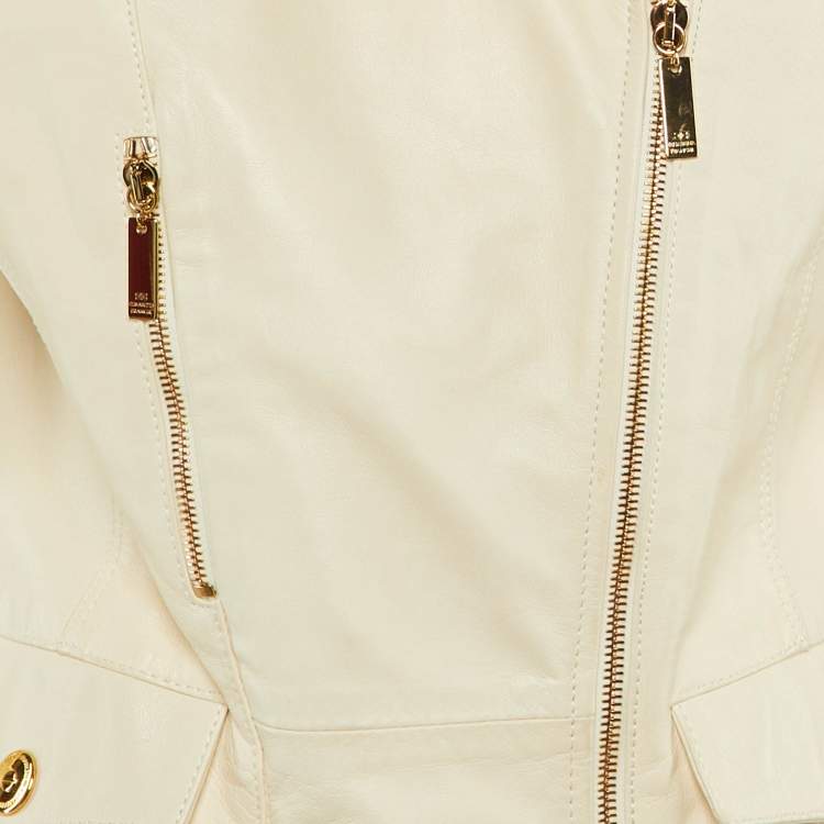 Pre Owned Elisabetta Franchi Beige Leather Biker Jacket M 