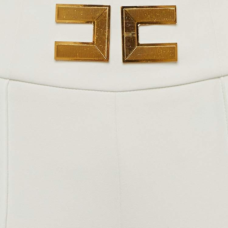 Pre Owned Elisabetta Franchi White Crepe Logo Flared Trousers S