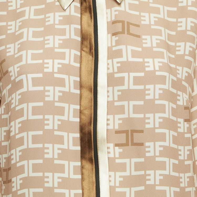Pre Owned Elisabetta Franchi Beige / Brown Monogram Print Crepe Blouse M