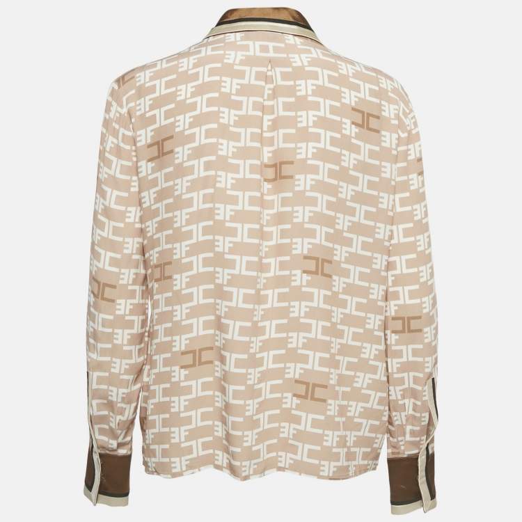 Pre Owned Elisabetta Franchi Beige / Brown Monogram Print Crepe Blouse M