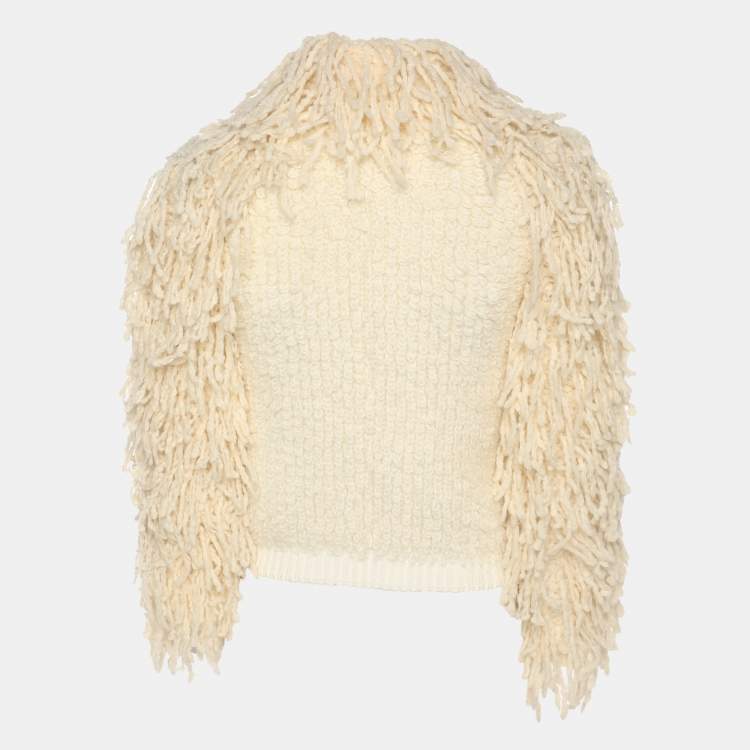 Pre Owned Elisabetta Franchi Cream Knitted Mohair Blend Fringes Cropped Jacket S