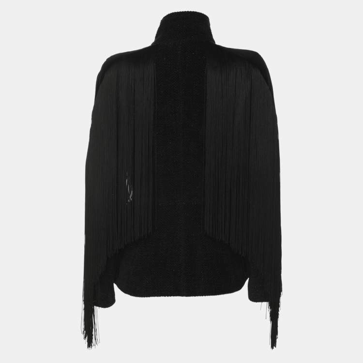 Pre Owned Elisabetta Franchi Black Wool Blend Fringes Buttoned Jacket S