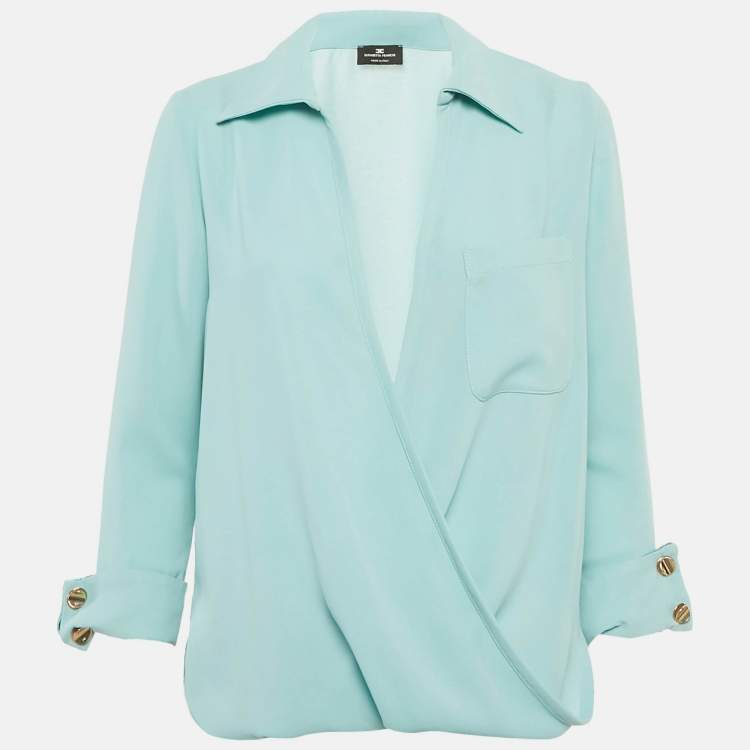 Pre Owned Elisabetta Franchi Blue Crepe Plunking Neck Blouse S