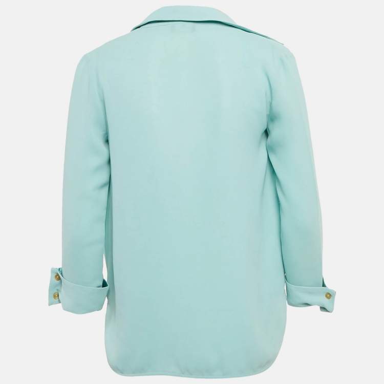 Pre Owned Elisabetta Franchi Blue Crepe Plunking Neck Blouse S