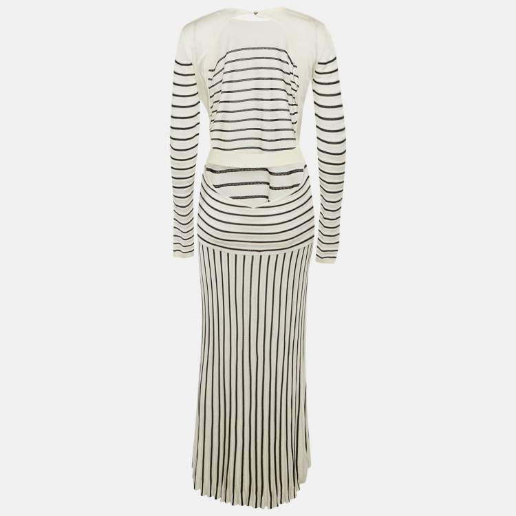 Pre Owned Elisabetta Franchi White Striped Knit Open Back Maxi Dress M