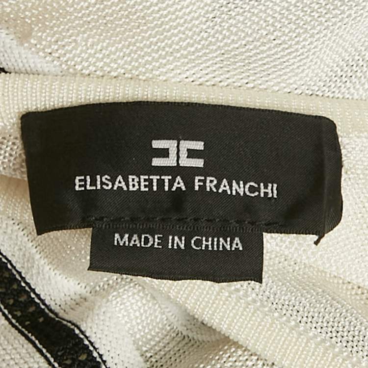 Pre Owned Elisabetta Franchi White Striped Knit Open Back Maxi Dress M
