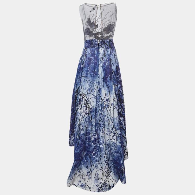 Pre Owned Elisabetta Franchi Blue Embellished Printed Mesh & Crepe High Low Dress L