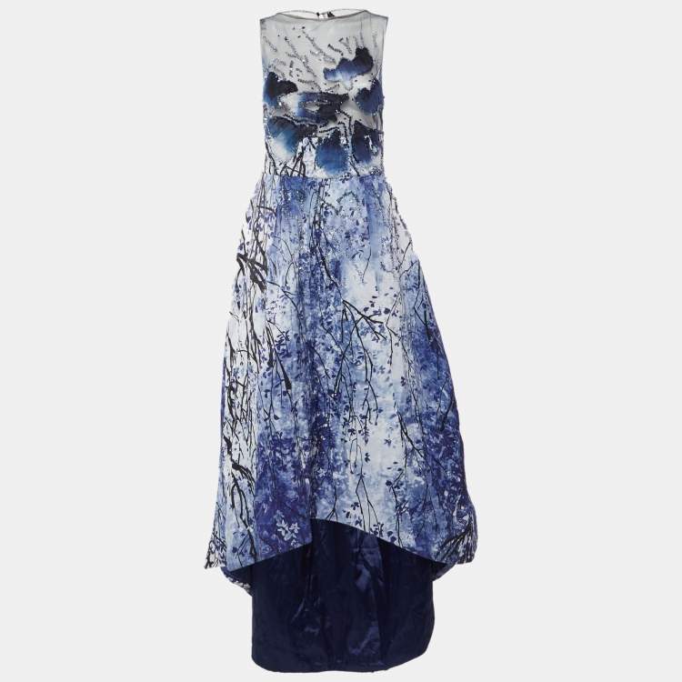 Pre Owned Elisabetta Franchi Blue Embellished Printed Mesh & Crepe High Low Dress L