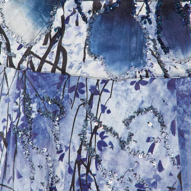 Pre Owned Elisabetta Franchi Blue Embellished Printed Mesh & Crepe High Low Dress L