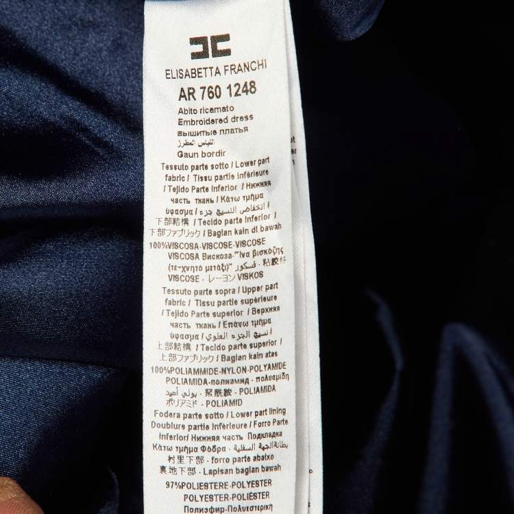 Pre Owned Elisabetta Franchi Blue Embellished Printed Mesh & Crepe High Low Dress L