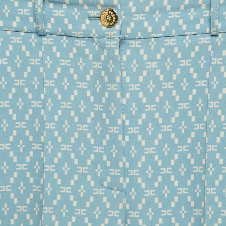 Pre Owned Elisabetta Franchi Blue Logo Printed Crepe Pants S
