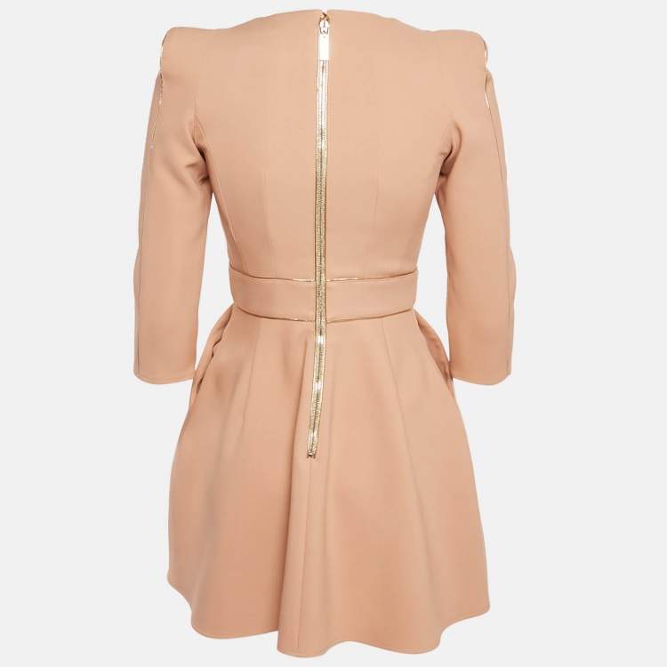 Pre Owned Elisabetta Franchi Salmon Pink Crepe Shoulder Padded Mini Dress S