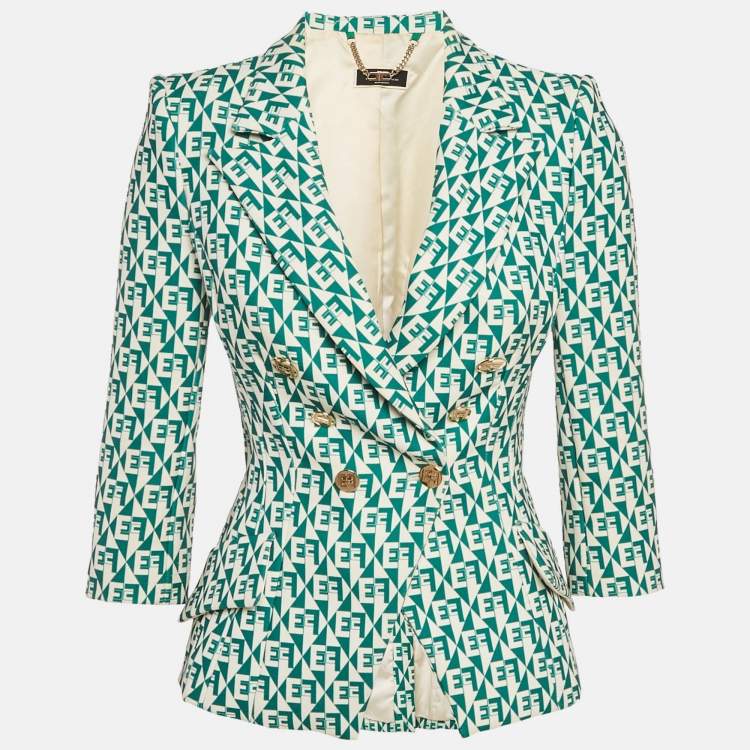 Pre Owned Elisabetta Franchi Green Monogram Pattern Crepe Double Breasted Jacket S