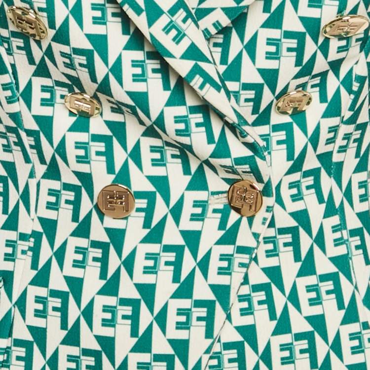 Pre Owned Elisabetta Franchi Green Monogram Pattern Crepe Double Breasted Jacket S