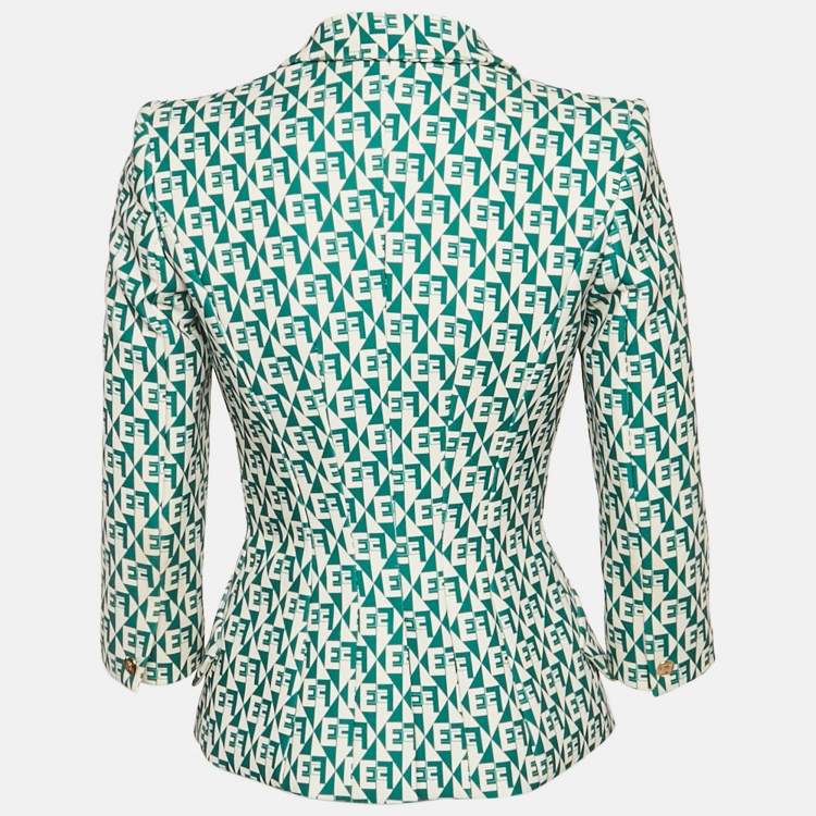 Pre Owned Elisabetta Franchi Green Monogram Pattern Crepe Double Breasted Jacket S
