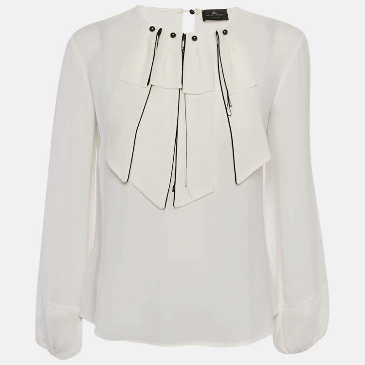 Pre Owned Elisabetta Franchi White Crepe Trim Detail Top S