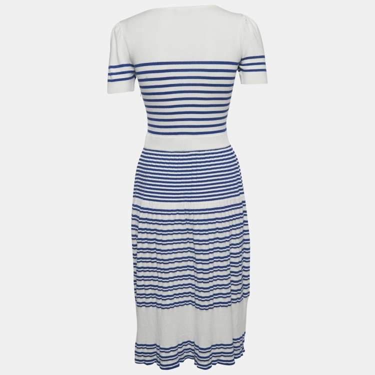 Pre Owned Elisabetta Franchi White & Blue Knit Bow Sequin Detail Midi Dress M