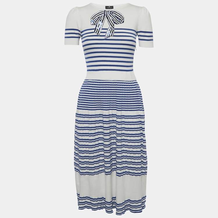 Pre Owned Elisabetta Franchi White & Blue Knit Bow Sequin Detail Midi Dress M