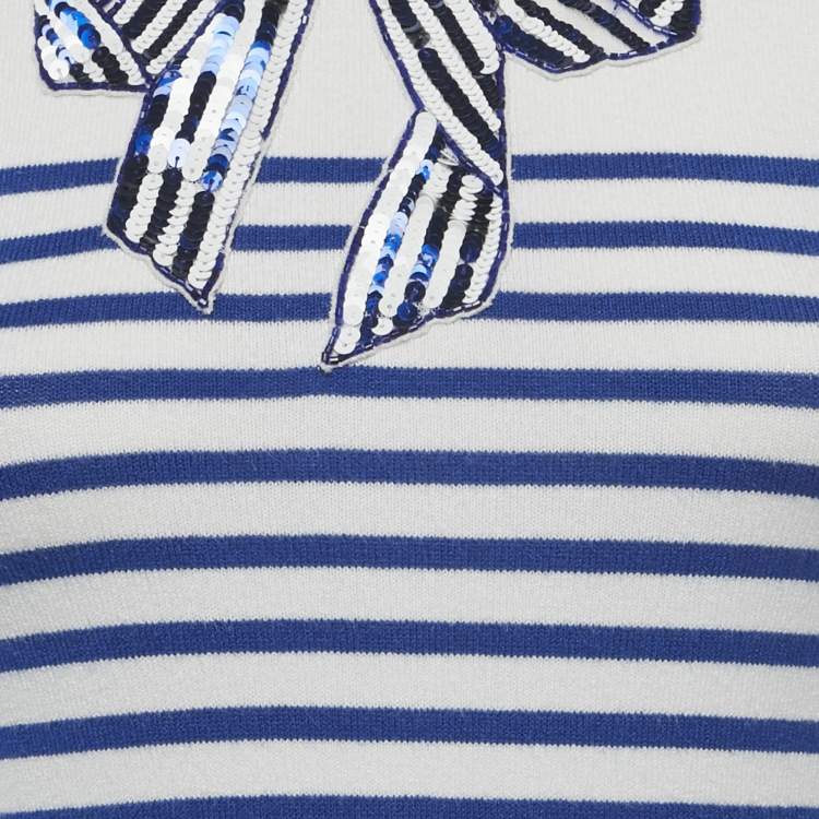 Pre Owned Elisabetta Franchi White & Blue Knit Bow Sequin Detail Midi Dress M