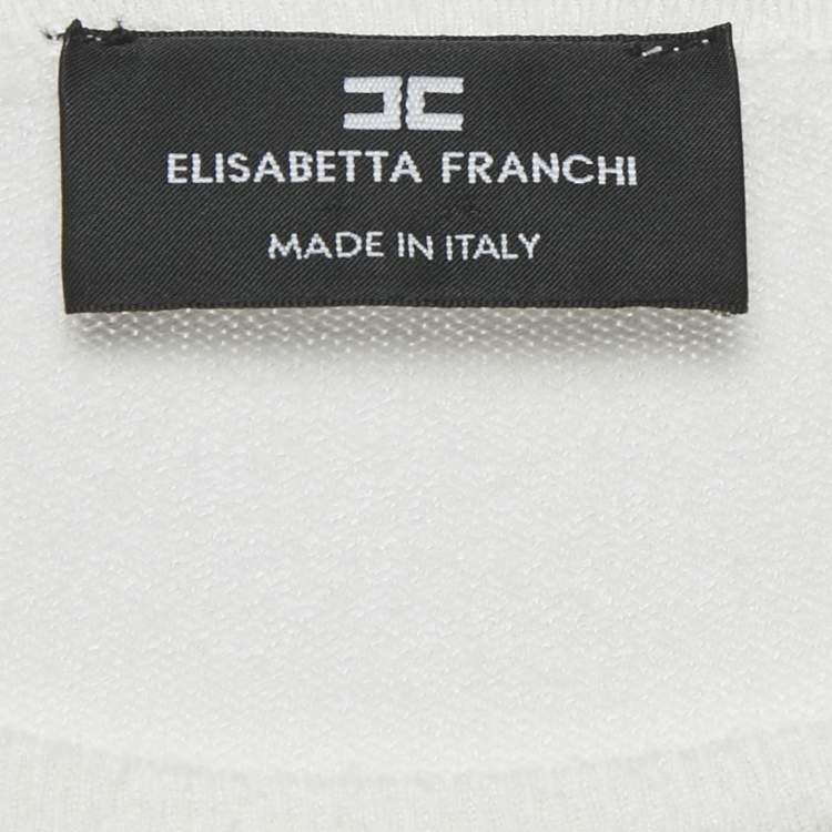 Pre Owned Elisabetta Franchi White & Blue Knit Bow Sequin Detail Midi Dress M