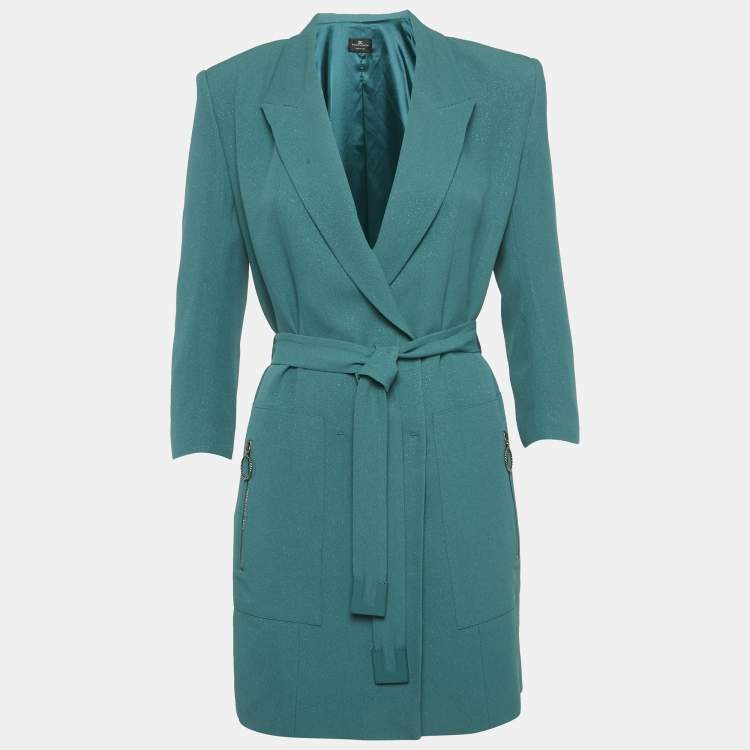 مملوكة مسبقًا Elisabetta Franchi Green Shimmering Crepe Belted Double Breasted Jacket M