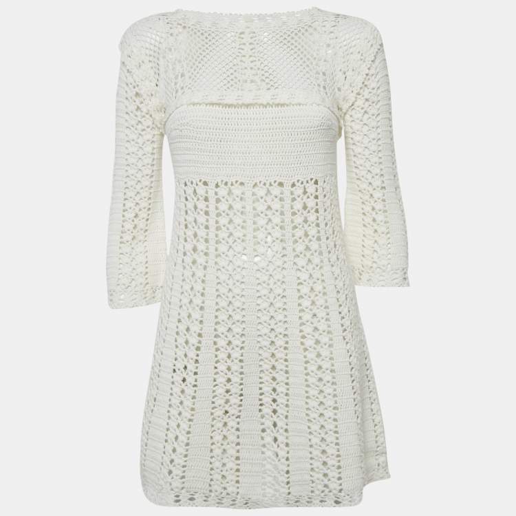 Pre Owned Elisabetta Franchi White Crochet Sheer Mini Dress S