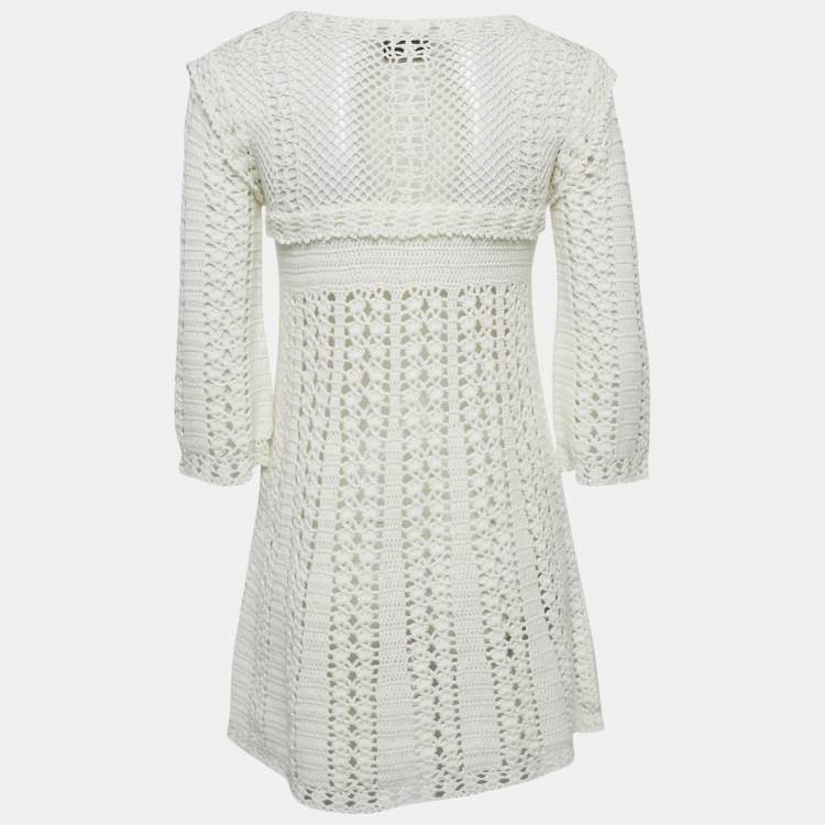 Pre Owned Elisabetta Franchi White Crochet Sheer Mini Dress S