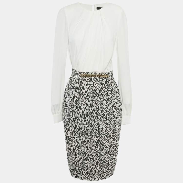 Pre Owned Elisabetta Franchi White & Printed Crepe Midi Dress M