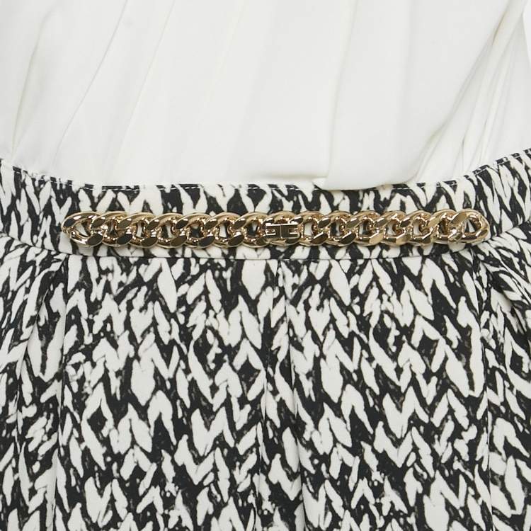 Pre Owned Elisabetta Franchi White & Printed Crepe Midi Dress M