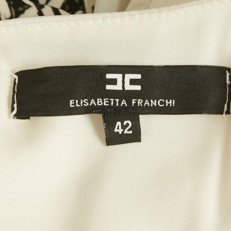 Pre Owned Elisabetta Franchi White & Printed Crepe Midi Dress M