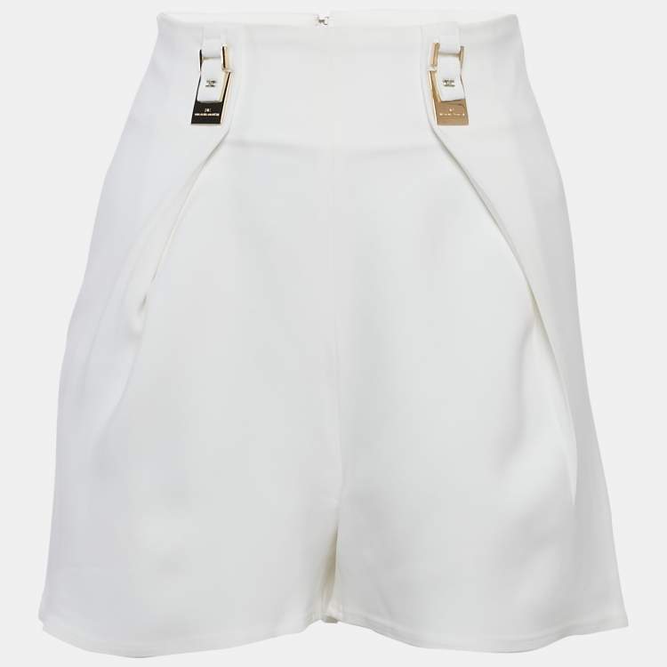 Pre Owned Elisabetta Franchi White Crepe Buckle Detail Shorts S