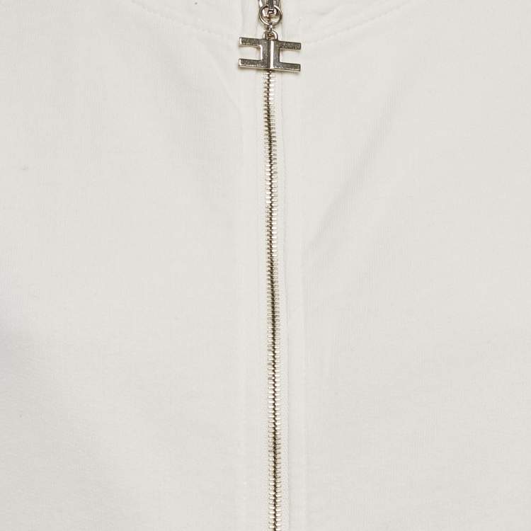 Pre Owned Elisabetta Franchi White Cotton Knit Zip Front Oversized Jacket M