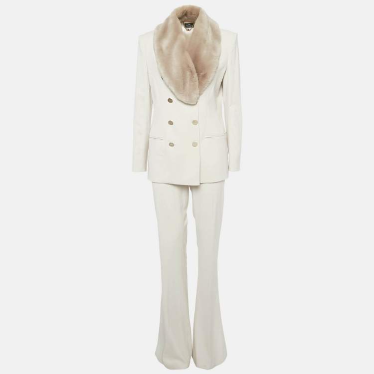 مملوكة مسبقًا Elisabetta Franchi Beige Wool Blend Double Breasted Blazer & Pant Suit L