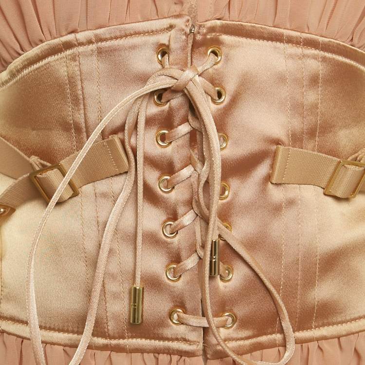 Pre Owned Elisabetta Franchi Gold Beige Satin Trim Crepe Lace-Up Top M