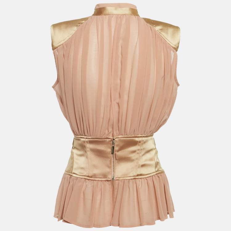 Pre Owned Elisabetta Franchi Gold Beige Satin Trim Crepe Lace-Up Top M