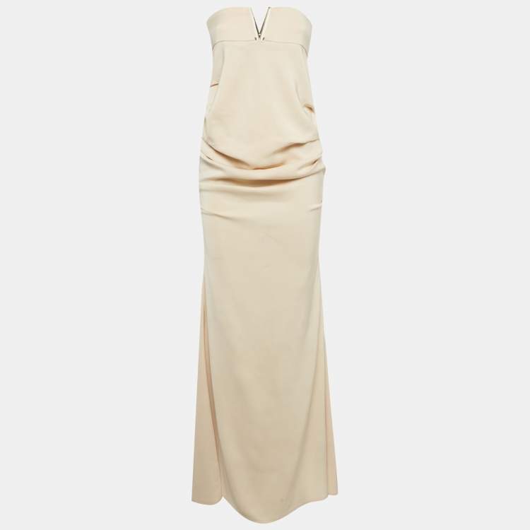 Pre Owned Elisabetta Franchi Beige Stretch Crepe Strapless Maxi Dress M
