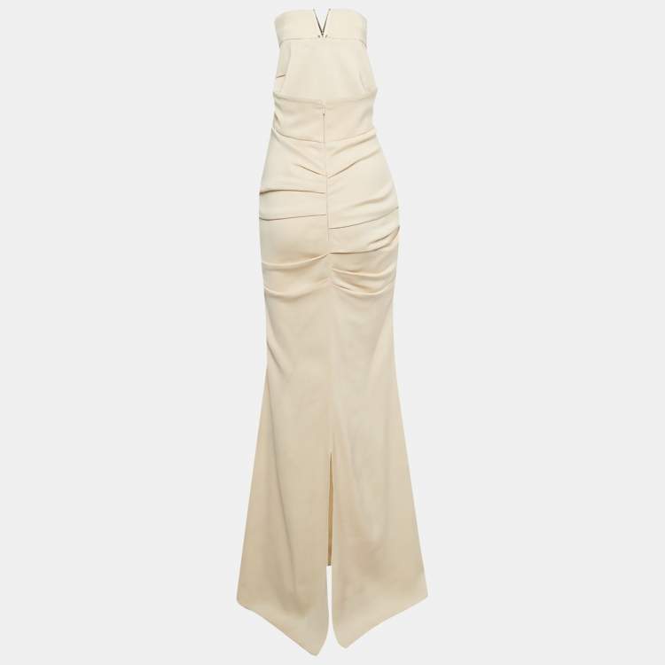 Pre Owned Elisabetta Franchi Beige Stretch Crepe Strapless Maxi Dress M