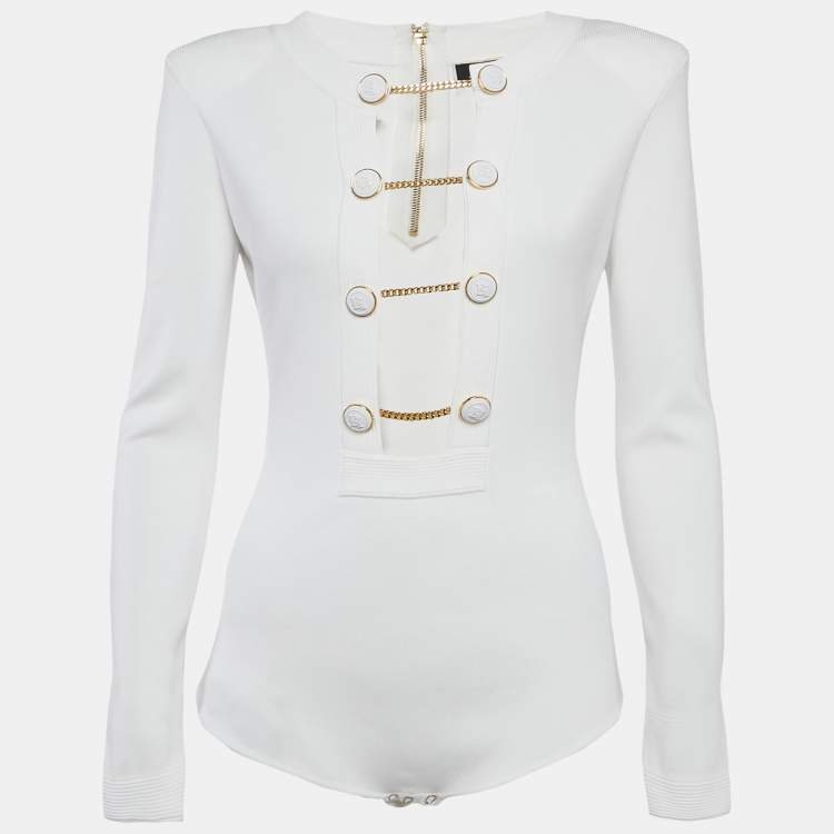 Pre Owned Elisabetta Franchi White Rib Knit Cut-Out Button Detail Bodysuit L