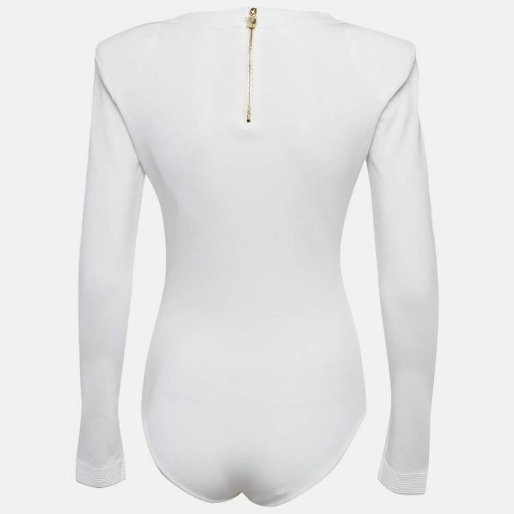 Pre Owned Elisabetta Franchi White Rib Knit Cut-Out Button Detail Bodysuit L