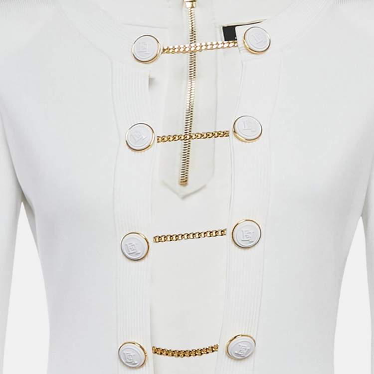 Pre Owned Elisabetta Franchi White Rib Knit Cut-Out Button Detail Bodysuit L