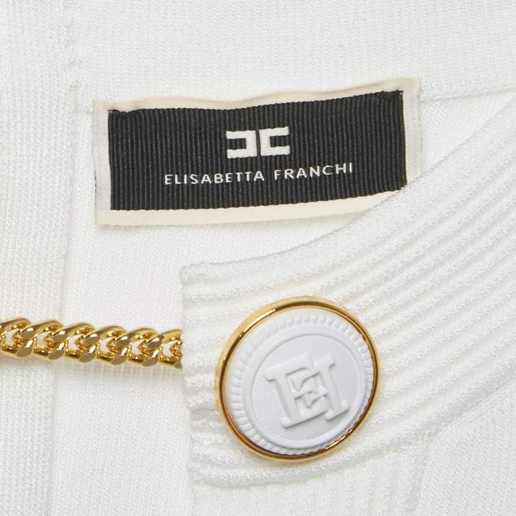 Pre Owned Elisabetta Franchi White Rib Knit Cut-Out Button Detail Bodysuit L