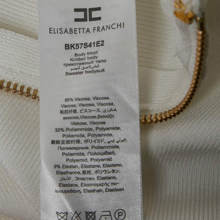 Pre Owned Elisabetta Franchi White Rib Knit Cut-Out Button Detail Bodysuit L