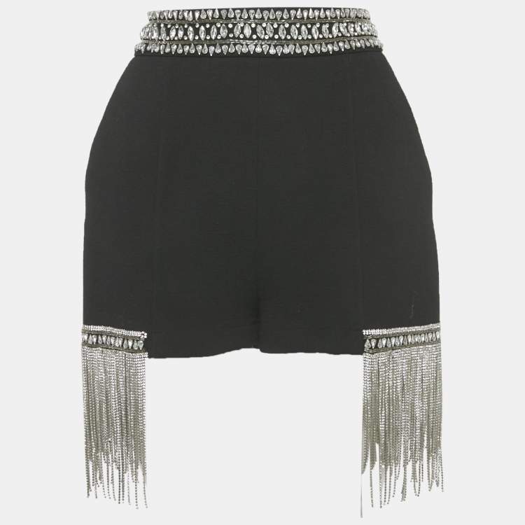 Pre Owned Elisabetta Franchi Black Wool Rhinestone Embellished Fringe Shorts M