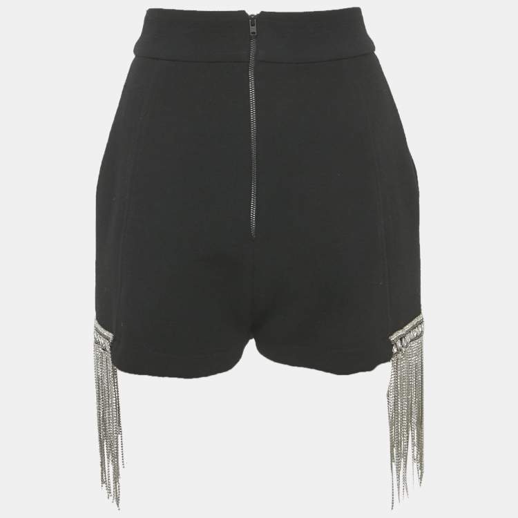 Pre Owned Elisabetta Franchi Black Wool Rhinestone Embellished Fringe Shorts M