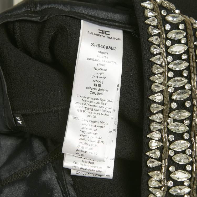 Pre Owned Elisabetta Franchi Black Wool Rhinestone Embellished Fringe Shorts M