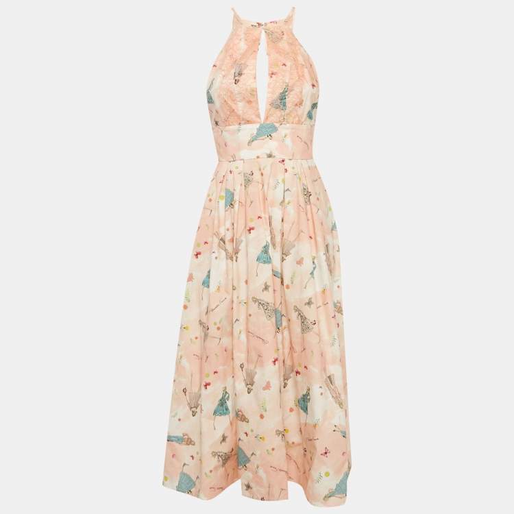 مملوكة مسبقًا Elisabetta Franchi Pink Printed Cotton Lace Inserts Midi Dress S