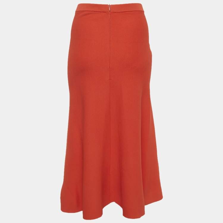 Pre Owned Elisabetta Franchi Orange Knit Flared Midi Skirt M