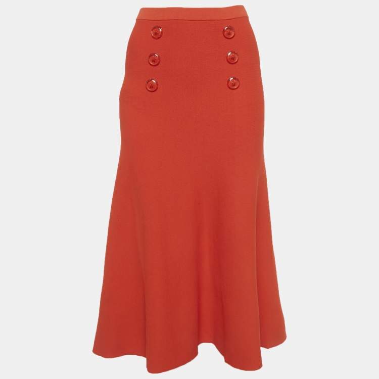 Pre Owned Elisabetta Franchi Orange Knit Flared Midi Skirt M