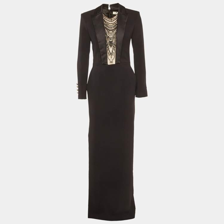Pre Owned Elisabetta Franchi Black Crepe Embroidered Maxi Dress M